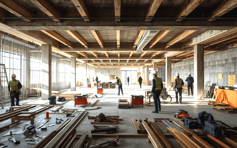 Travailleurs coordonnant des travaux tous corps d’état bâtiment sur un chantier à Paris