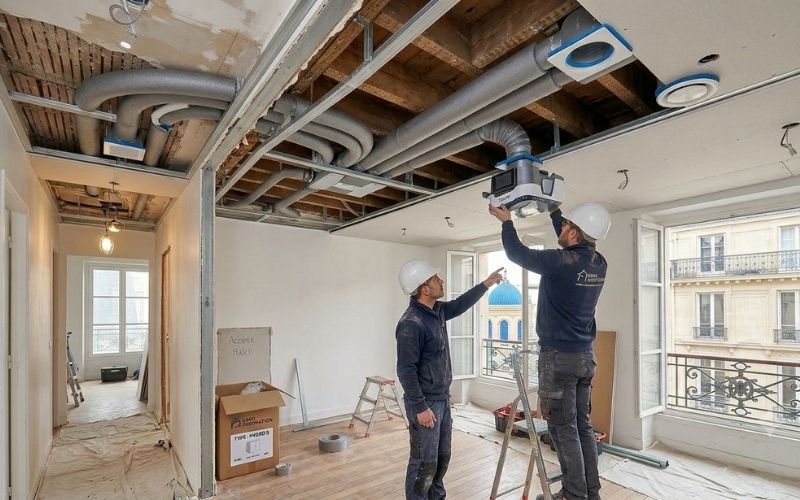 Rénovation et installation de gaines de VMC au plafond d'un appartement à Paris