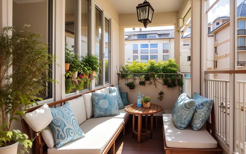 Aménagement d’un balcon à Paris avec un coin salon et du mobilier compact