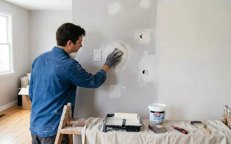 Un artisan en train de préparer un mur avant la peinture